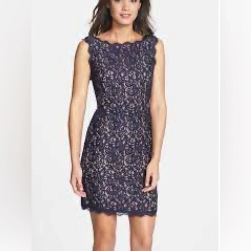 Adrianna Papell‎ Navy Lace Boat Neck Sheath Dress Size 4